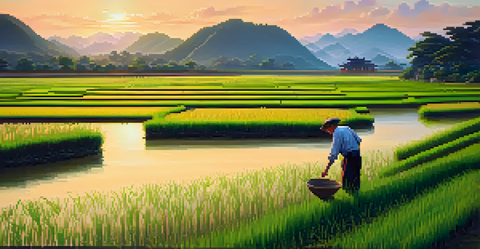 A peaceful rice paddy landscape in China at sunset, showcasing a farmer and reflecting water.
