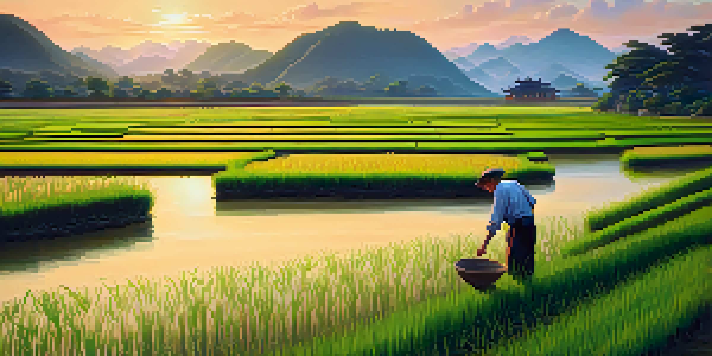 A peaceful rice paddy landscape in China at sunset, showcasing a farmer and reflecting water.