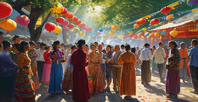 A lively cultural festival with people in traditional attire, colorful decorations, and sunlight filtering through trees.