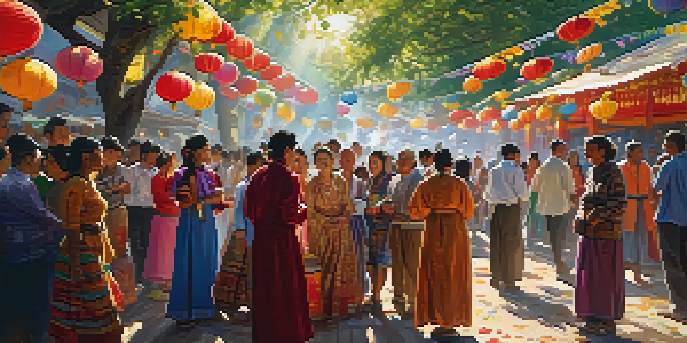 A lively cultural festival with people in traditional attire, colorful decorations, and sunlight filtering through trees.