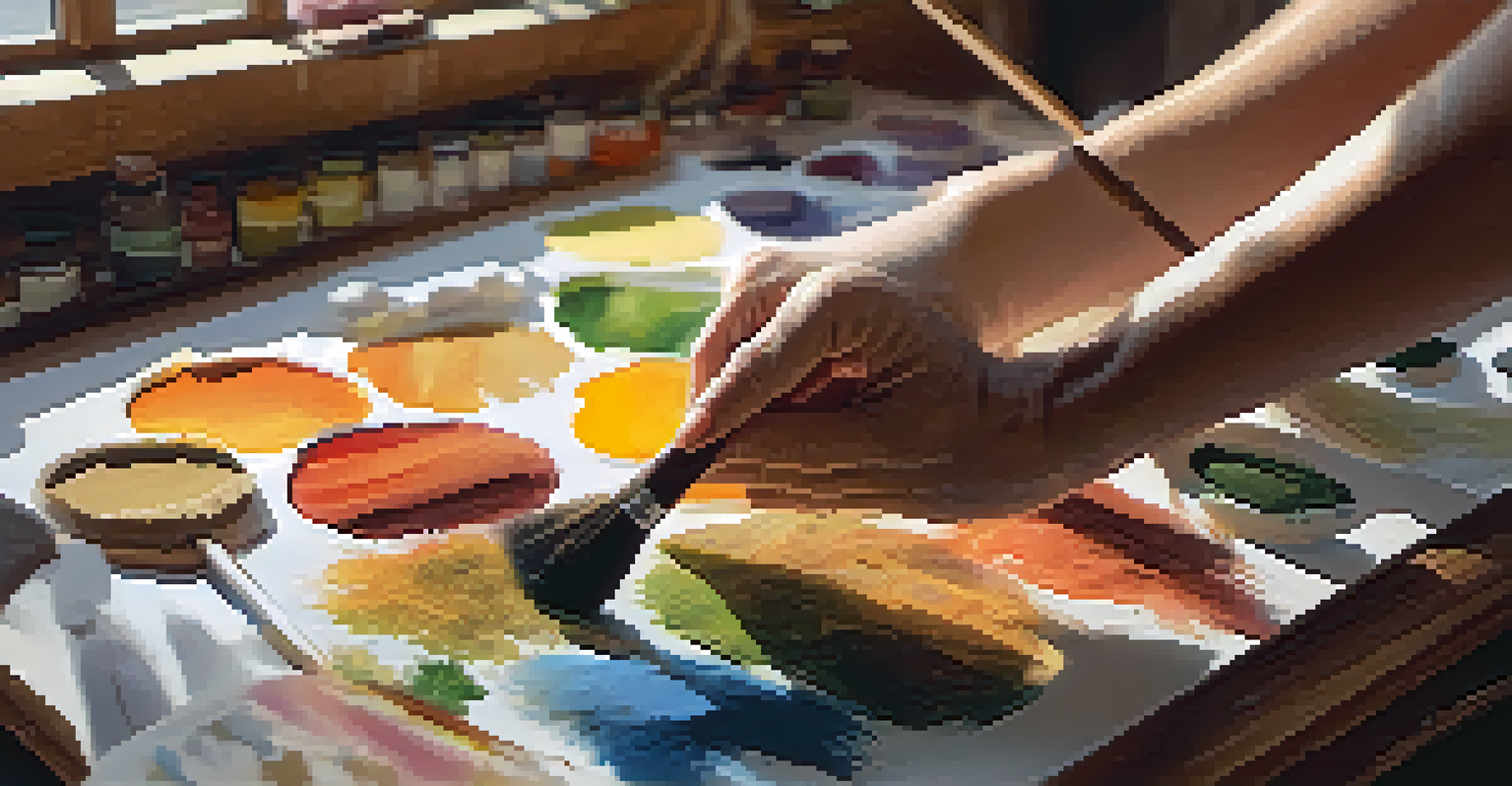 An artist's hands using natural pigments to paint, with a vibrant palette and eco-friendly art supplies in a sunlit workspace.