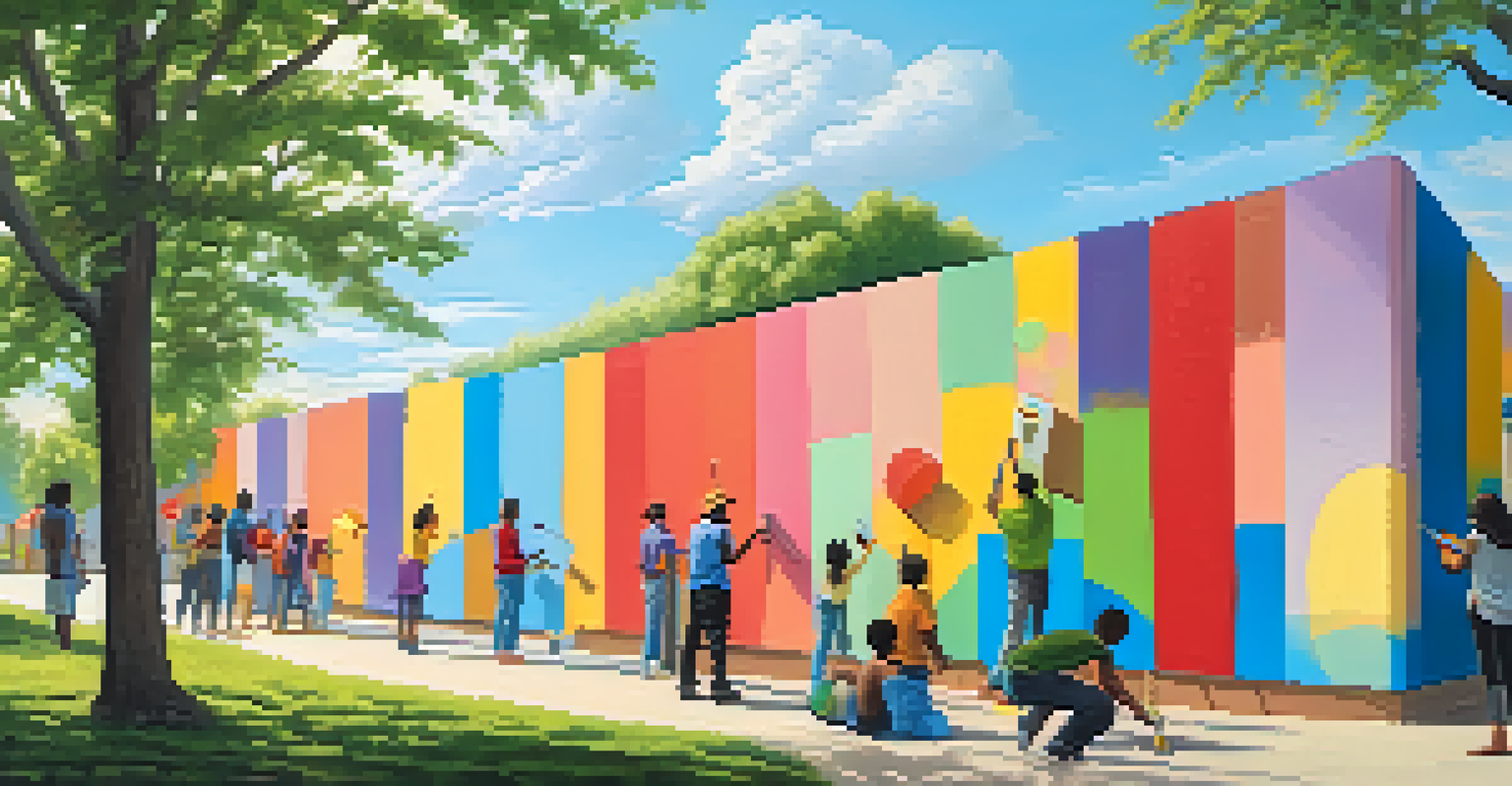 A diverse group of people working together on a community art project, painting a large wall with paint rollers in an outdoor setting.