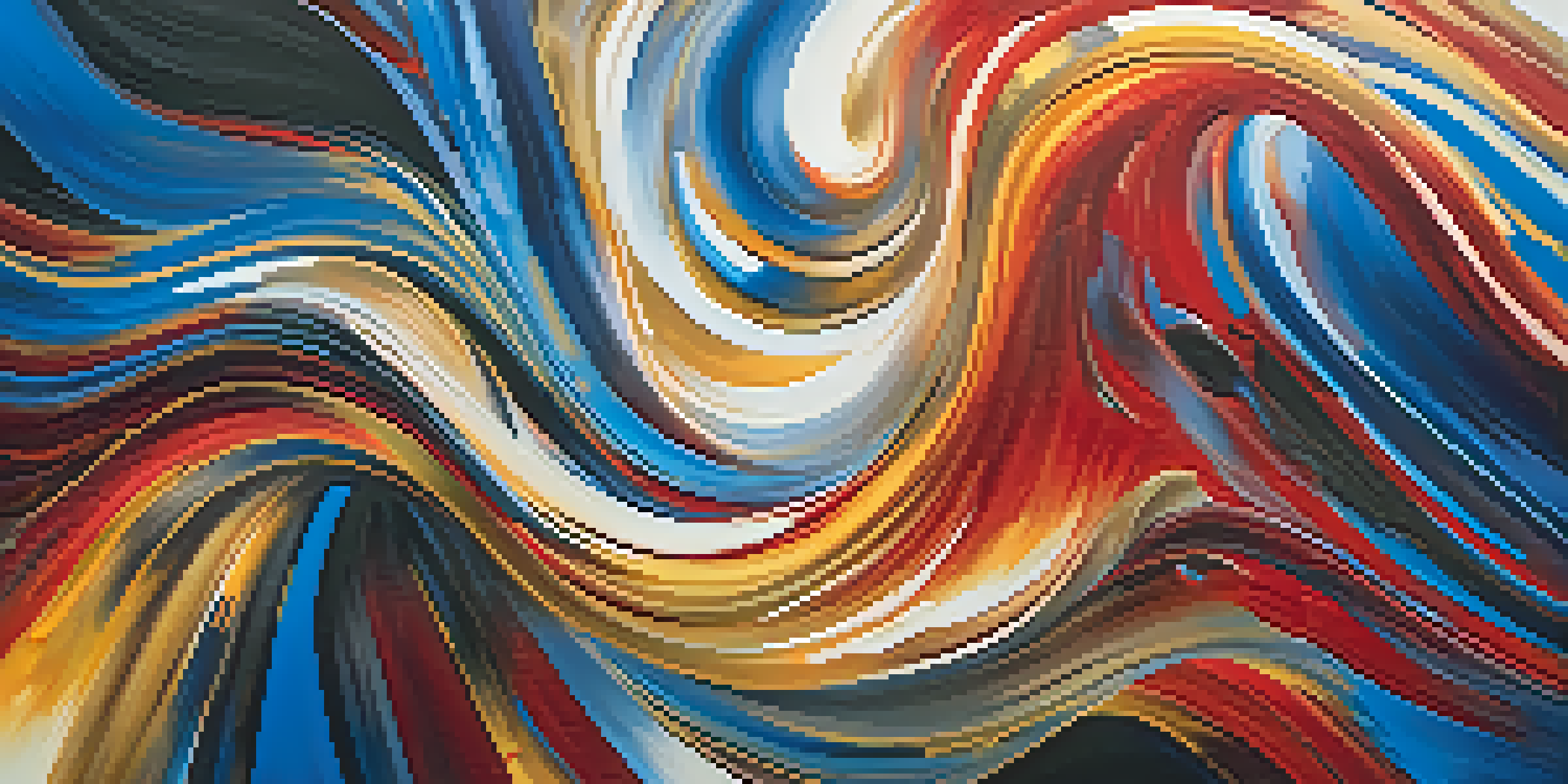 An abstract painting with swirling colors of blue, red, and gold, showcasing dynamic brushstrokes that evoke a sense of rhythm and movement.