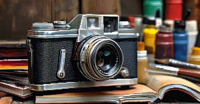 A vintage camera surrounded by art supplies on a wooden table, with a blurred portrait in the background.