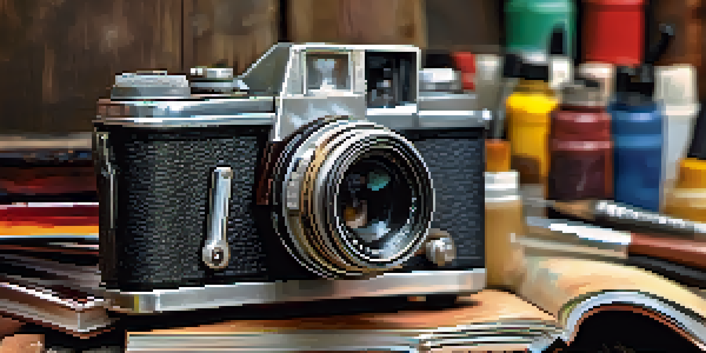 A vintage camera surrounded by art supplies on a wooden table, with a blurred portrait in the background.