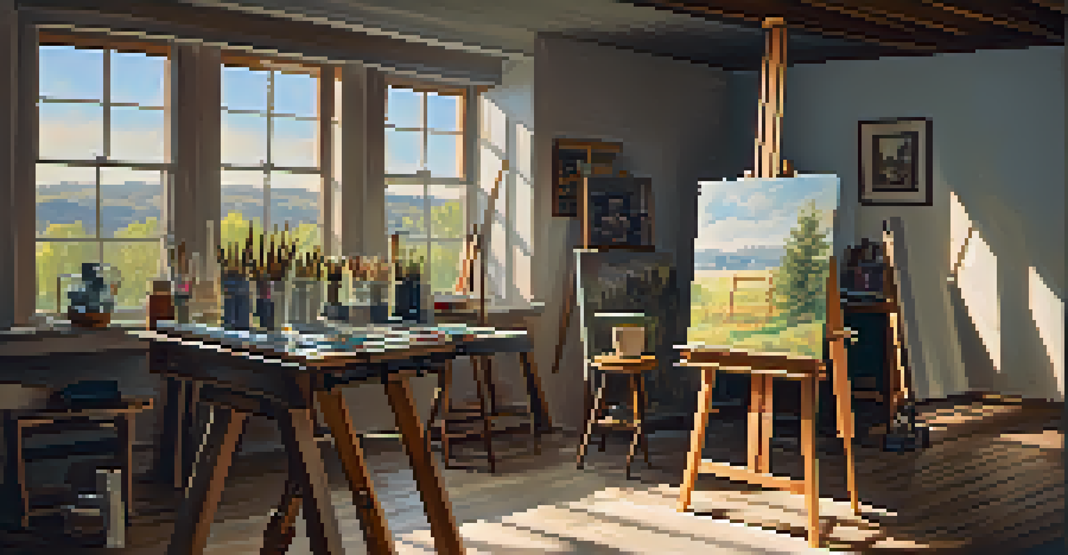 An art studio with a wooden easel and a half-finished family gathering painting, filled with art supplies and natural light.