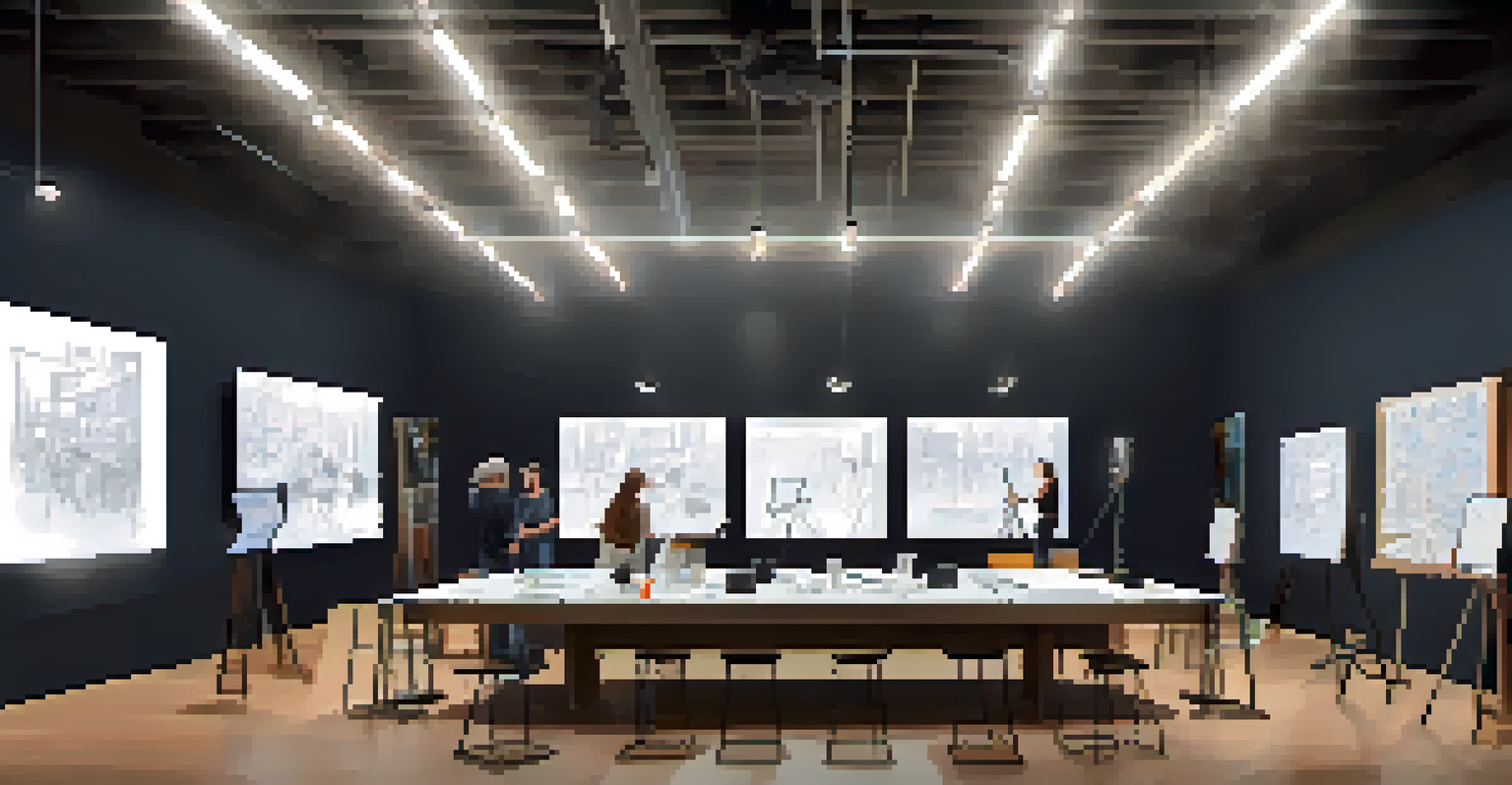 A vibrant collaborative art space with artists discussing ideas, surrounded by sketches and digital tools, emphasizing creative teamwork.