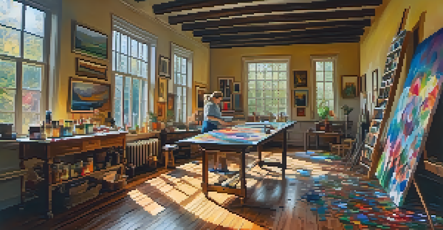 An artist in her studio, painting with vibrant colors and surrounded by cultural artifacts.