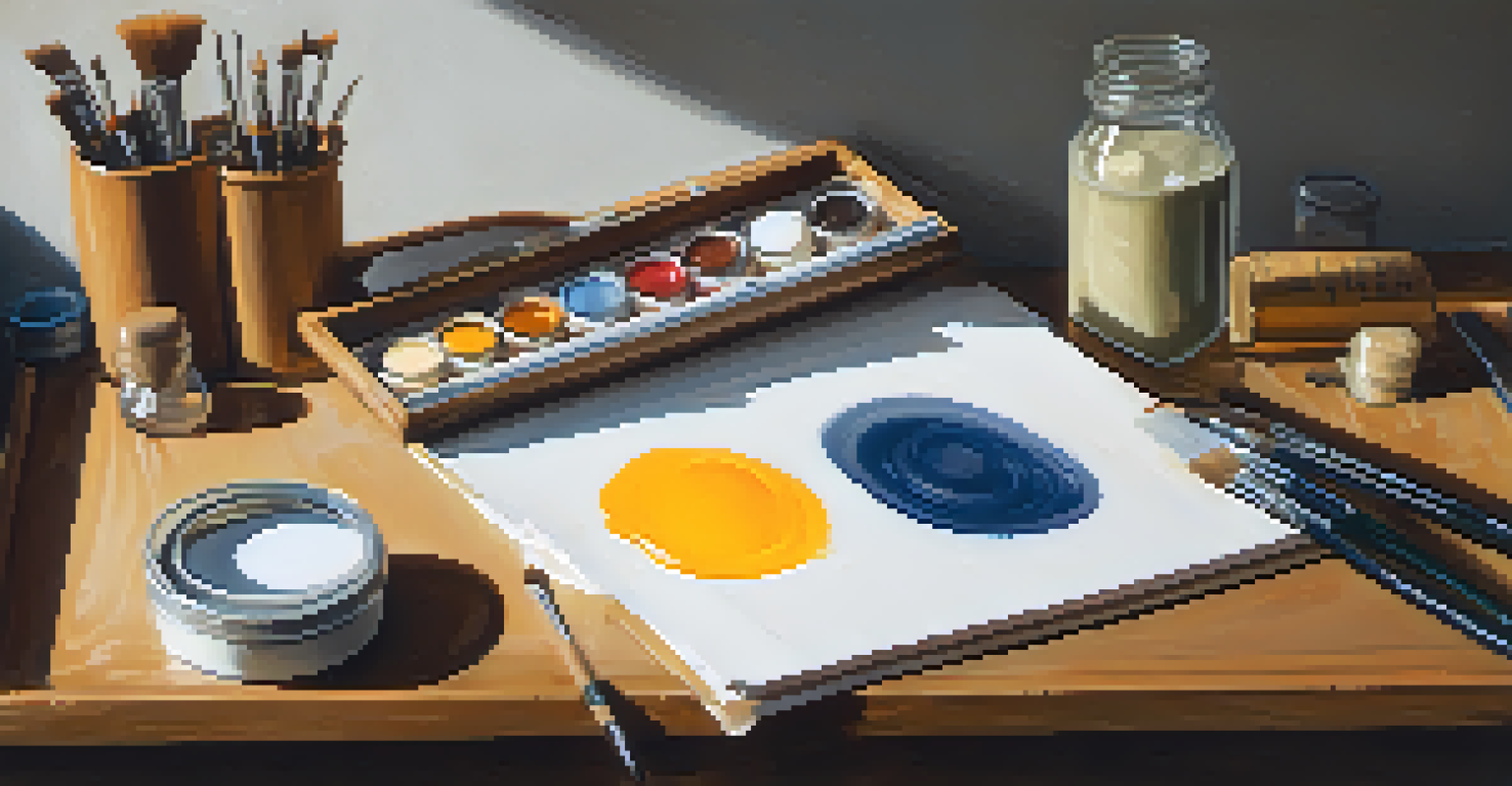 An artist's workspace with a tempera painting on a wooden panel, featuring brushes and jars of pigments in soft natural light.