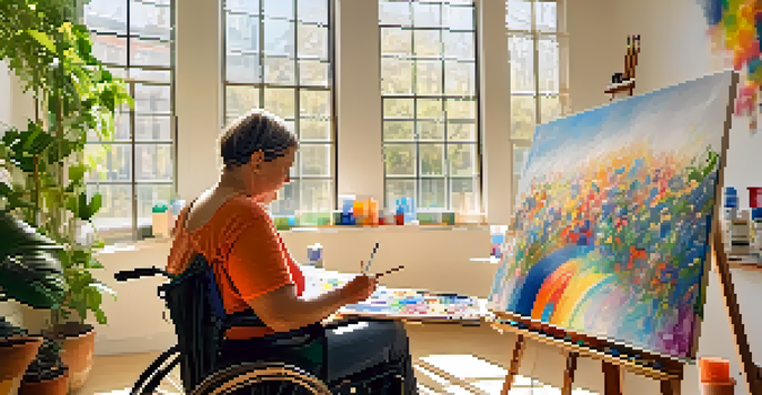 An artist with physical disabilities painting on a canvas in a bright studio, surrounded by art supplies and colorful artworks on the walls.