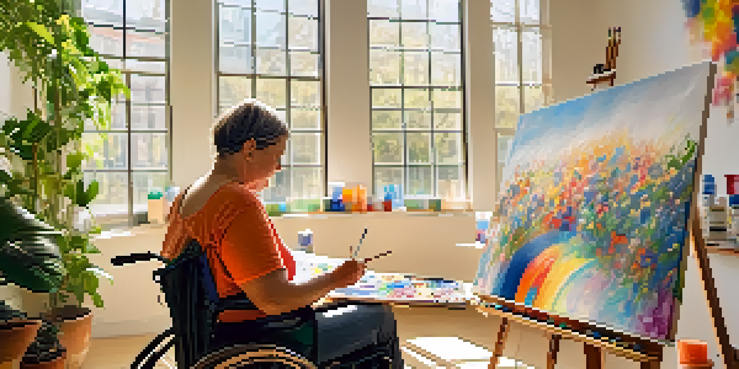 An artist with physical disabilities painting on a canvas in a bright studio, surrounded by art supplies and colorful artworks on the walls.