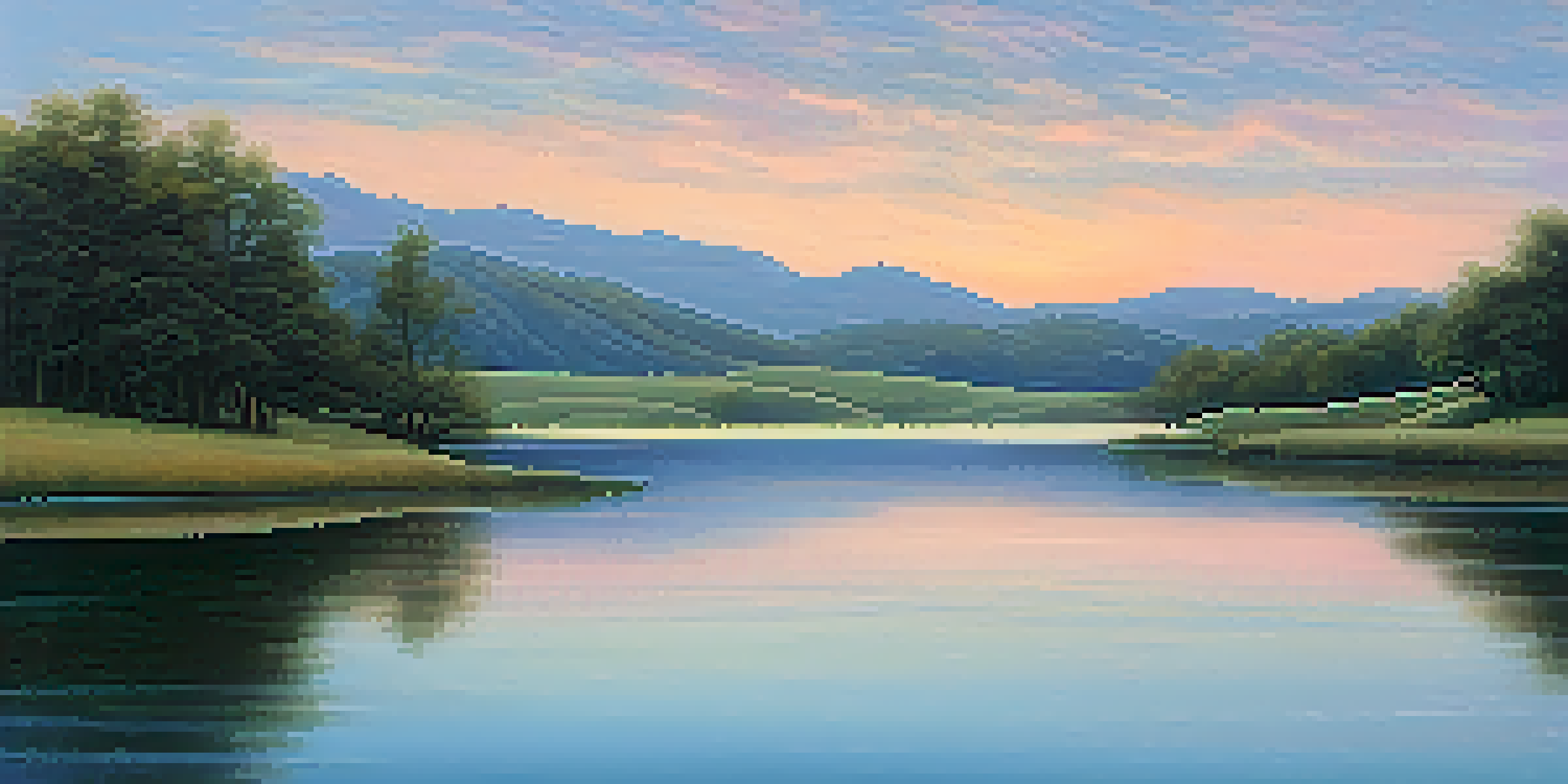 A peaceful lake landscape with soft hills and a pastel sunset sky, reflecting in the water.