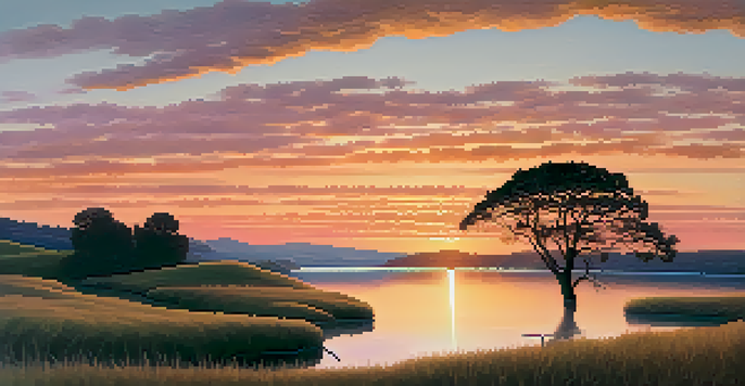 A peaceful sunset landscape featuring rolling hills and a calm lake, with warm orange and pink hues in the sky and a lone tree silhouetted against the light.