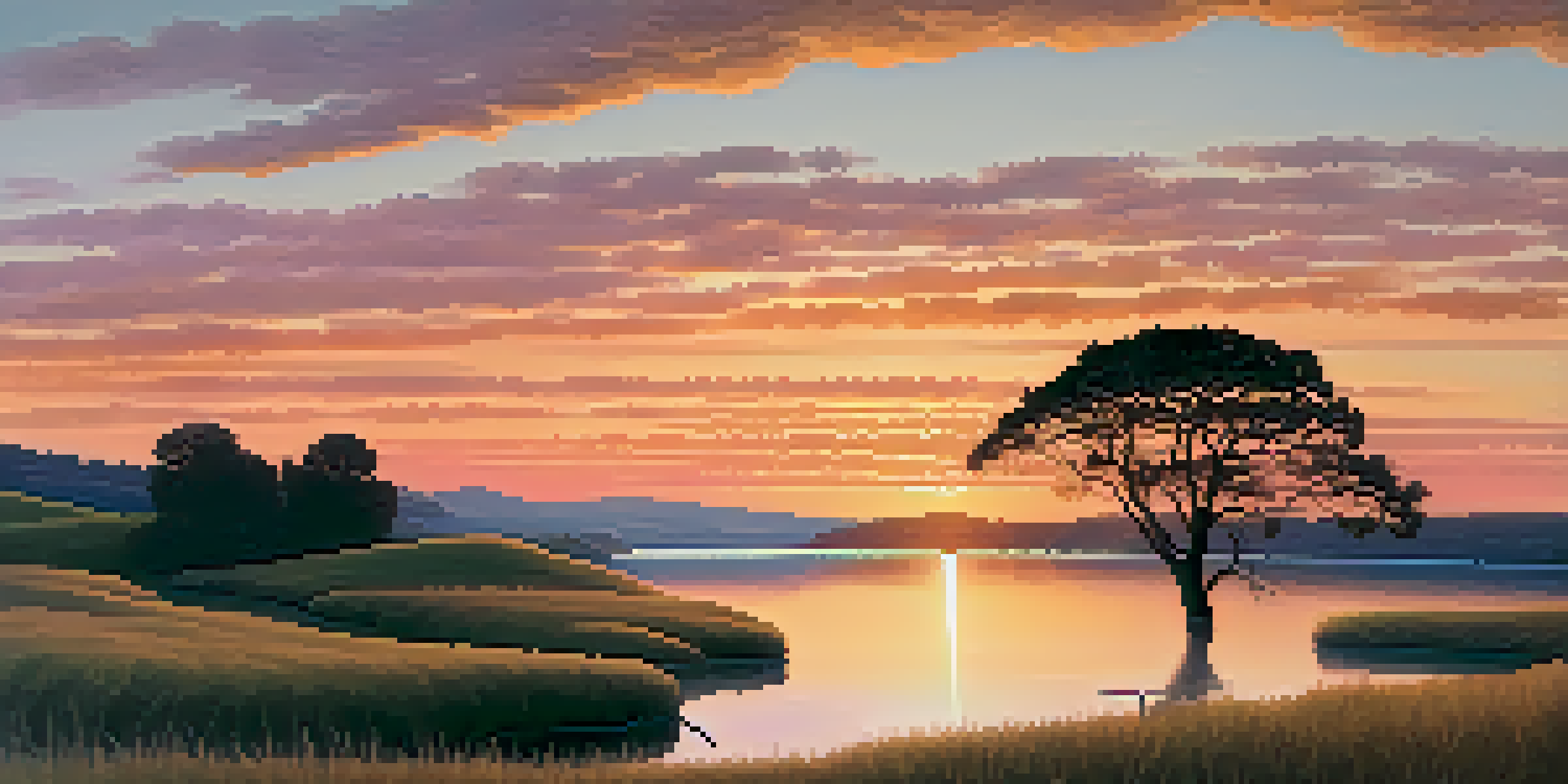 A peaceful sunset landscape featuring rolling hills and a calm lake, with warm orange and pink hues in the sky and a lone tree silhouetted against the light.