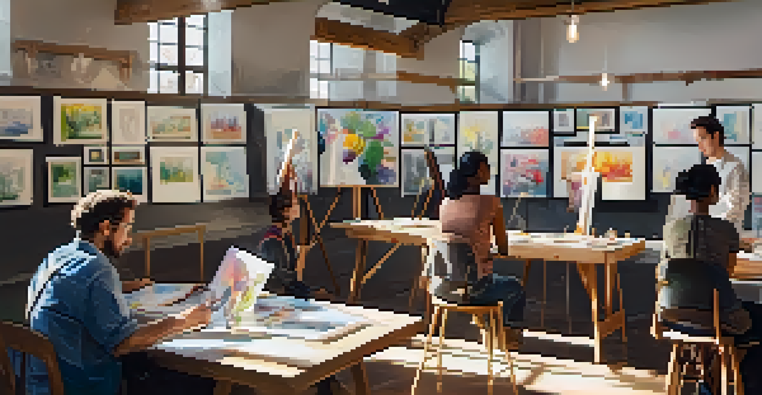 An art critique workshop in a cozy studio, with a mentor discussing a painting and students engaged in the process.