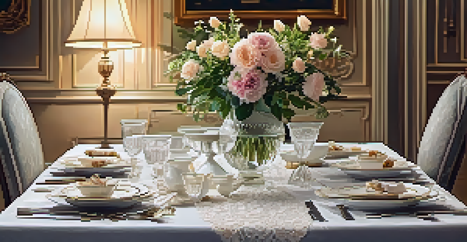 A beautifully arranged dining table with fine china and candlelight in a cozy room.