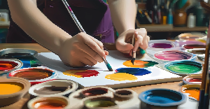 A close-up of a student painting on a canvas, showcasing vibrant colors and detailed brushwork in an art studio.