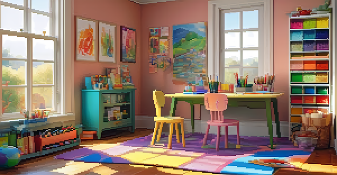 A children's art corner filled with colorful supplies and children's artwork, illuminated by sunlight.