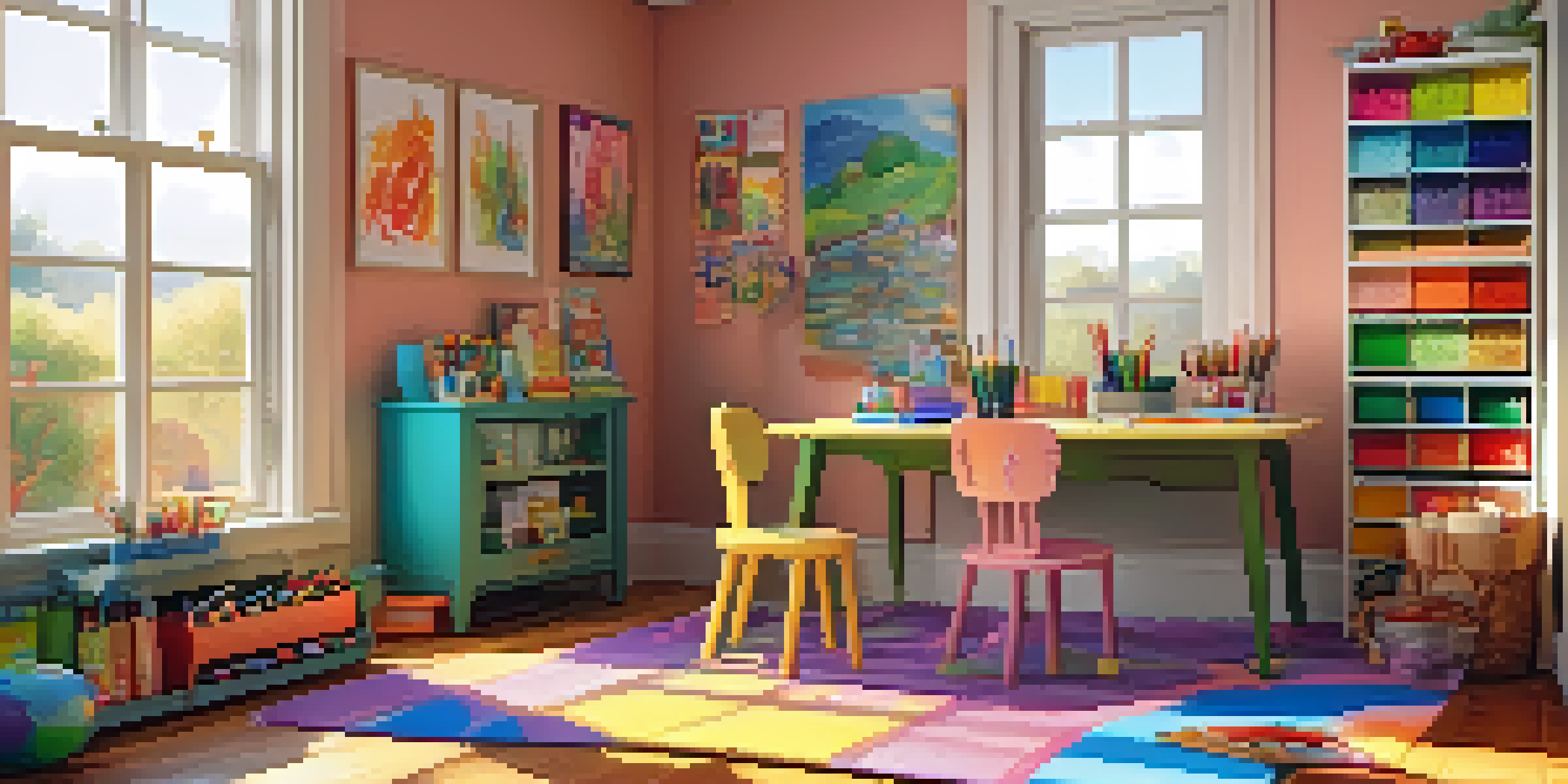 A children's art corner filled with colorful supplies and children's artwork, illuminated by sunlight.