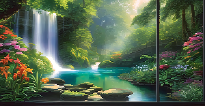 An immersive nature installation with cascading waterfalls and lush greenery, bathed in sunlight creating a peaceful atmosphere.