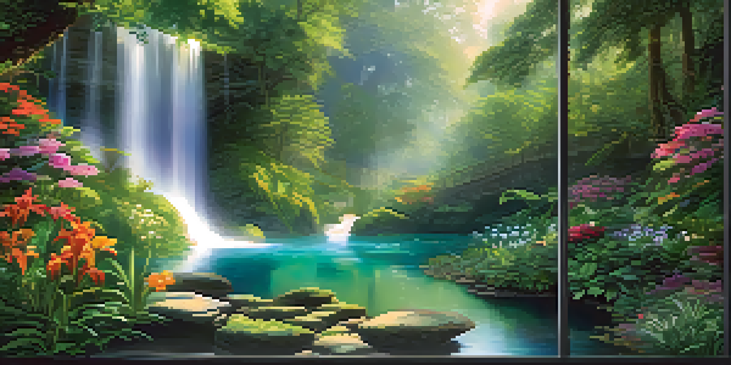 An immersive nature installation with cascading waterfalls and lush greenery, bathed in sunlight creating a peaceful atmosphere.