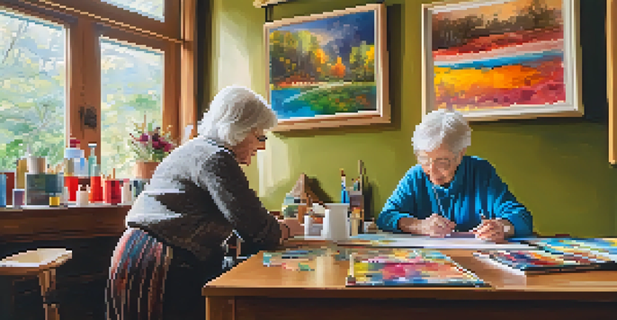 A grandparent and grandchild painting together at a table, with natural light and colorful artworks around them.