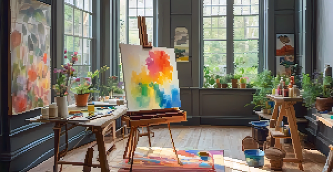 A bright and inviting art studio with an easel and colorful canvas, surrounded by various artworks and art supplies, and a view of a garden outside.