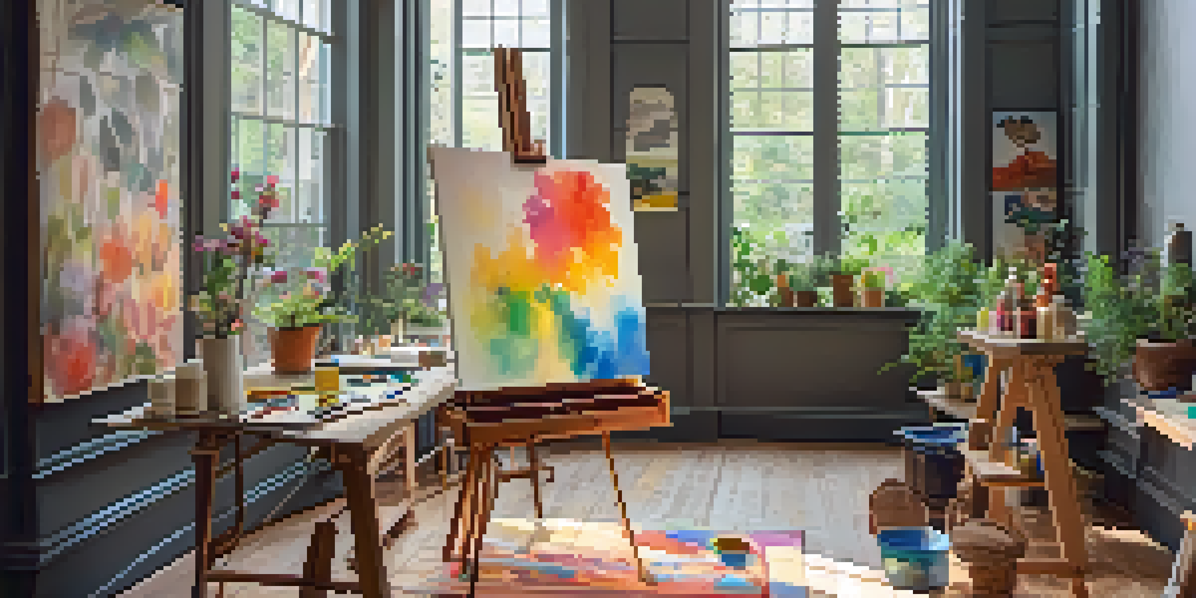 A bright and inviting art studio with an easel and colorful canvas, surrounded by various artworks and art supplies, and a view of a garden outside.