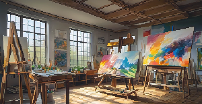 An artist's studio with colorful paintings, sunlight, and scattered art supplies.