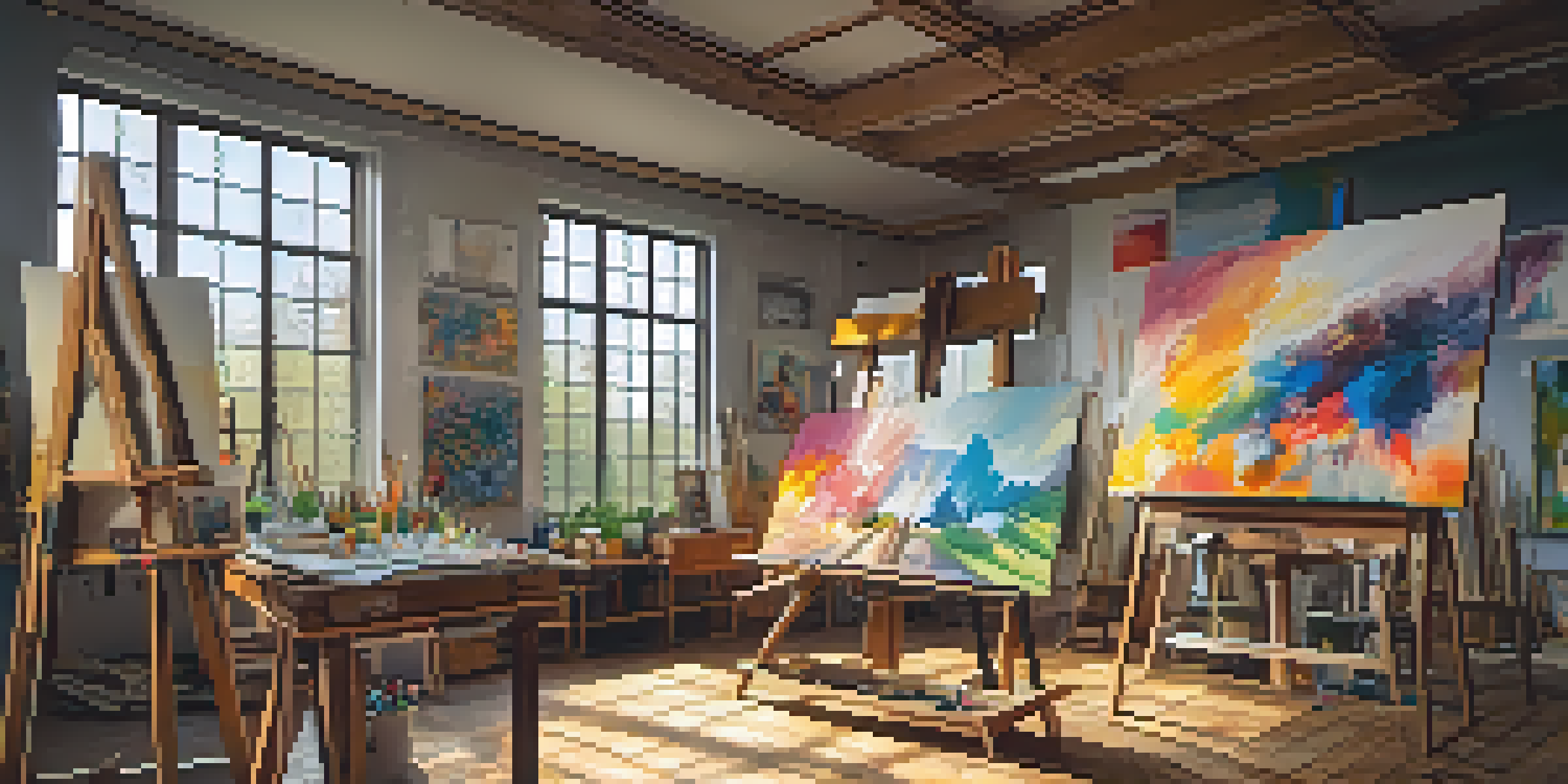 An artist's studio with colorful paintings, sunlight, and scattered art supplies.