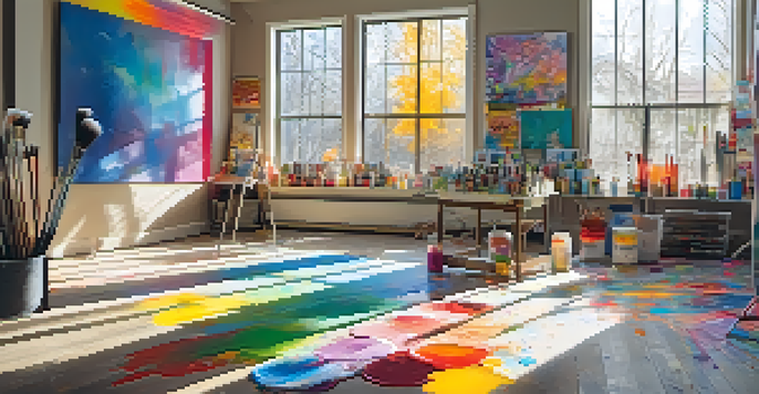 A teenage artist painting in a bright studio filled with colorful art supplies and sunlight.