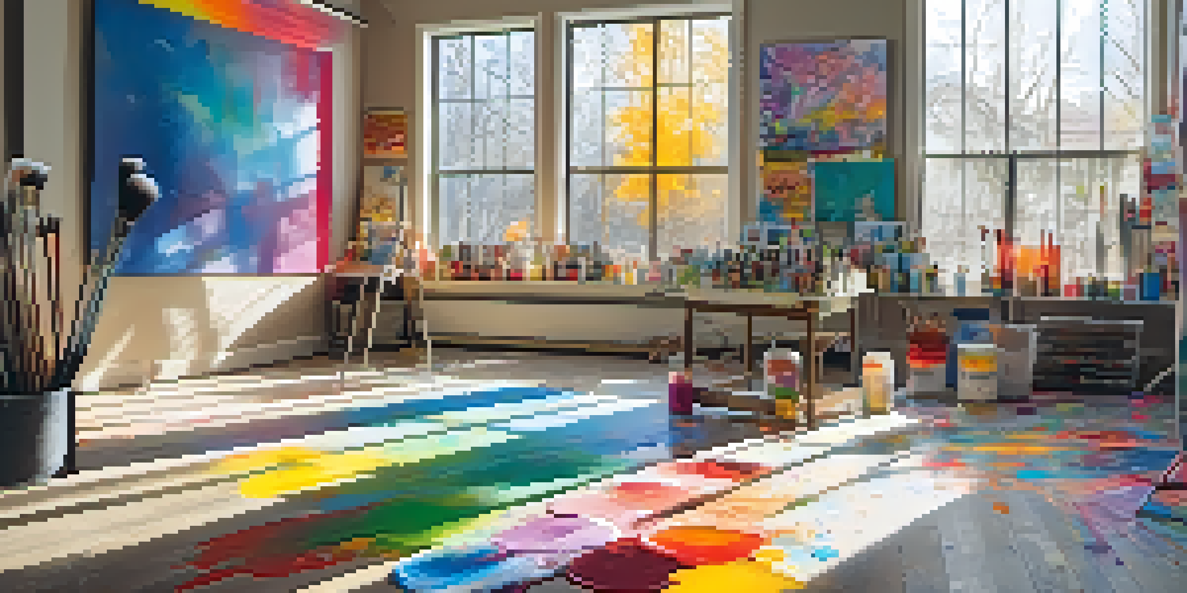 A teenage artist painting in a bright studio filled with colorful art supplies and sunlight.