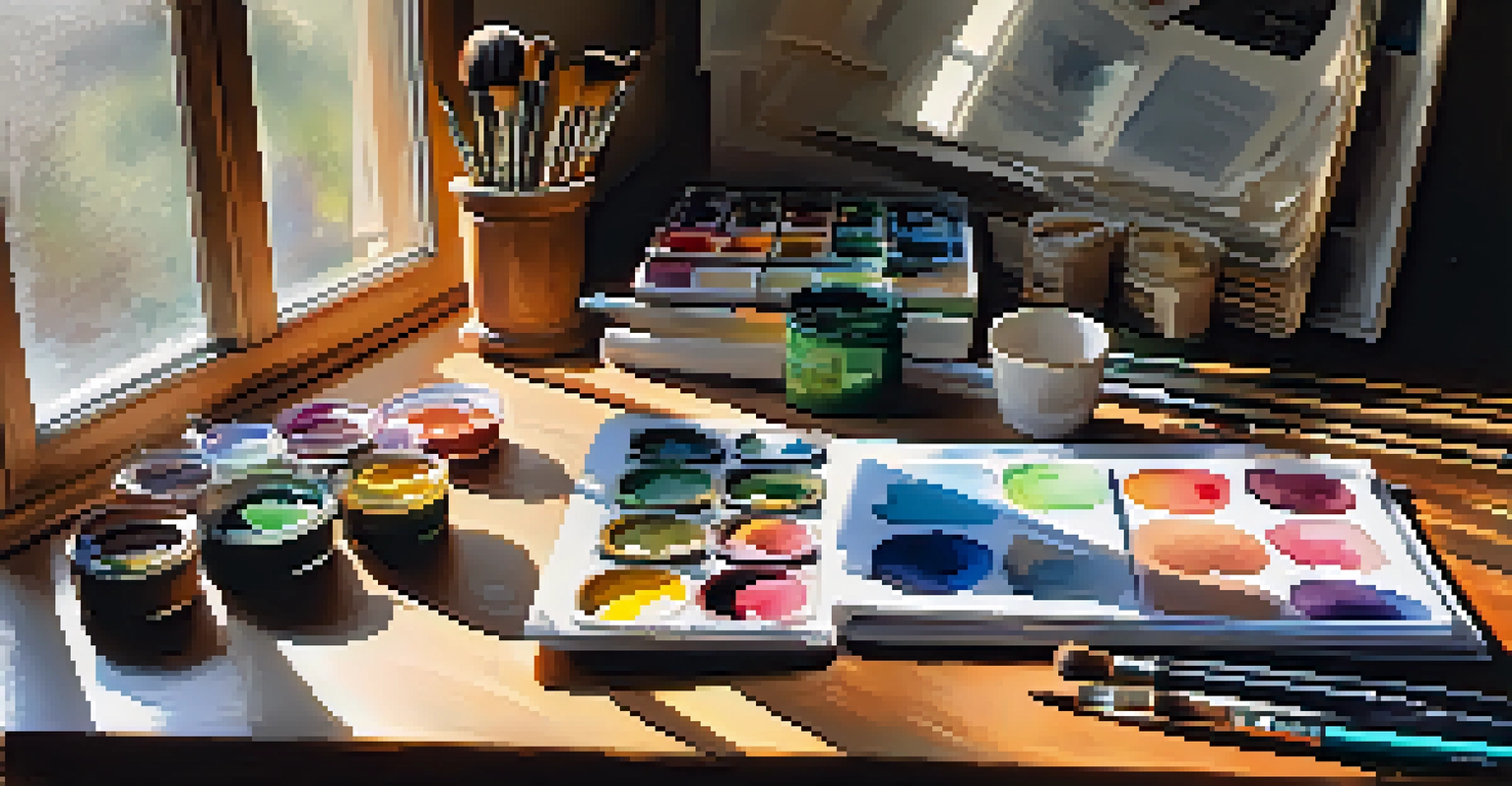 An artist's workspace with watercolor brushes, pigments, and a sketchbook in sunlight.