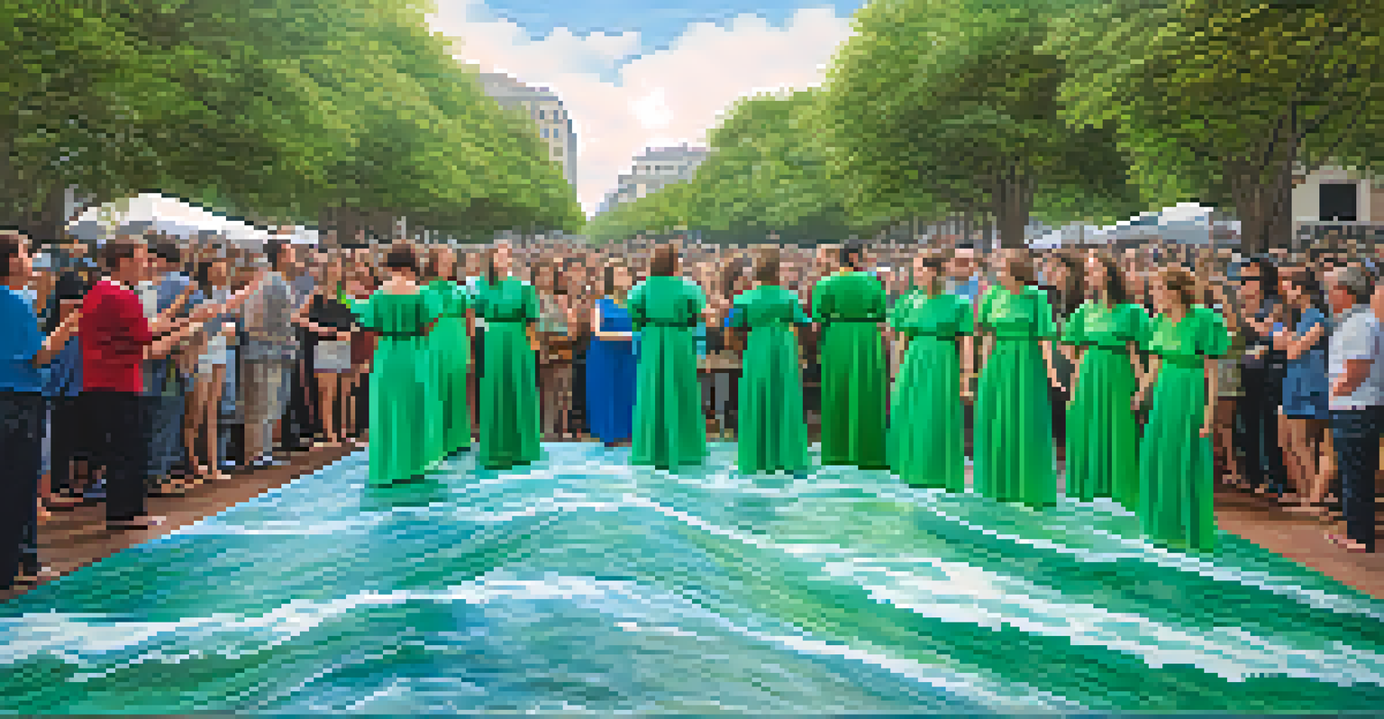 Performance artists dressed in ocean-themed costumes engaging an audience in a public space.