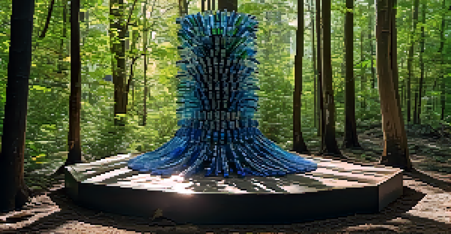 An eco-art sculpture made from recycled materials in a forest, resembling a tree and surrounded by greenery.