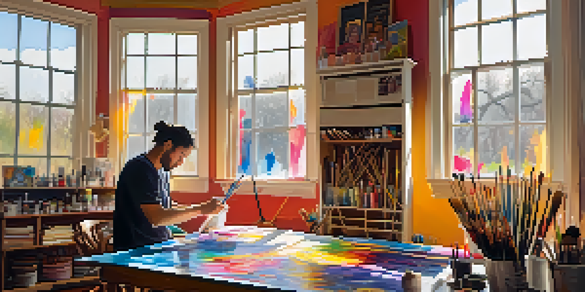 An artist working in a sunlit home studio, surrounded by colorful art supplies and vibrant paintings on the walls.