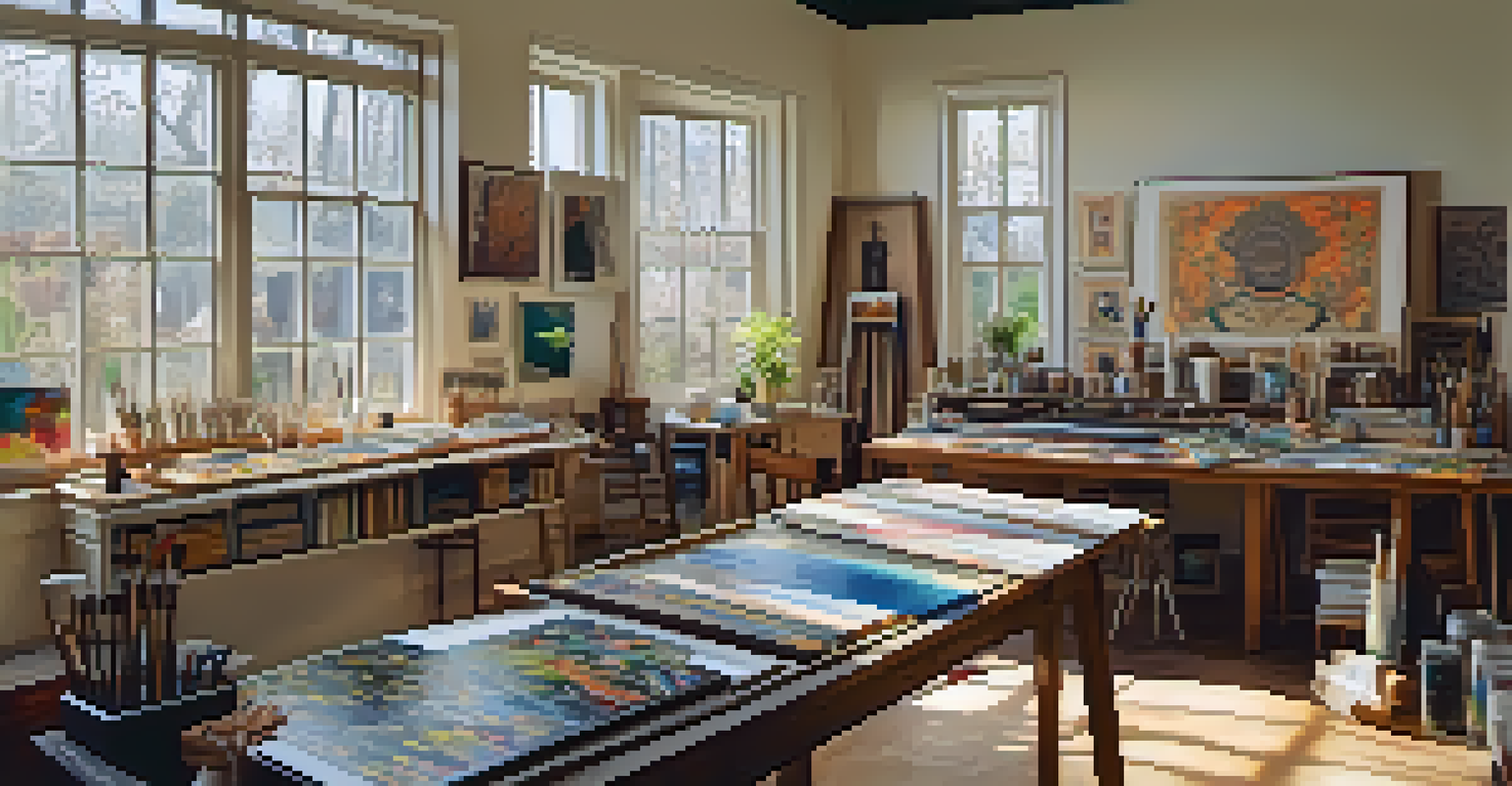 An artist's studio showcasing canvases with cultural influences, filled with natural light.