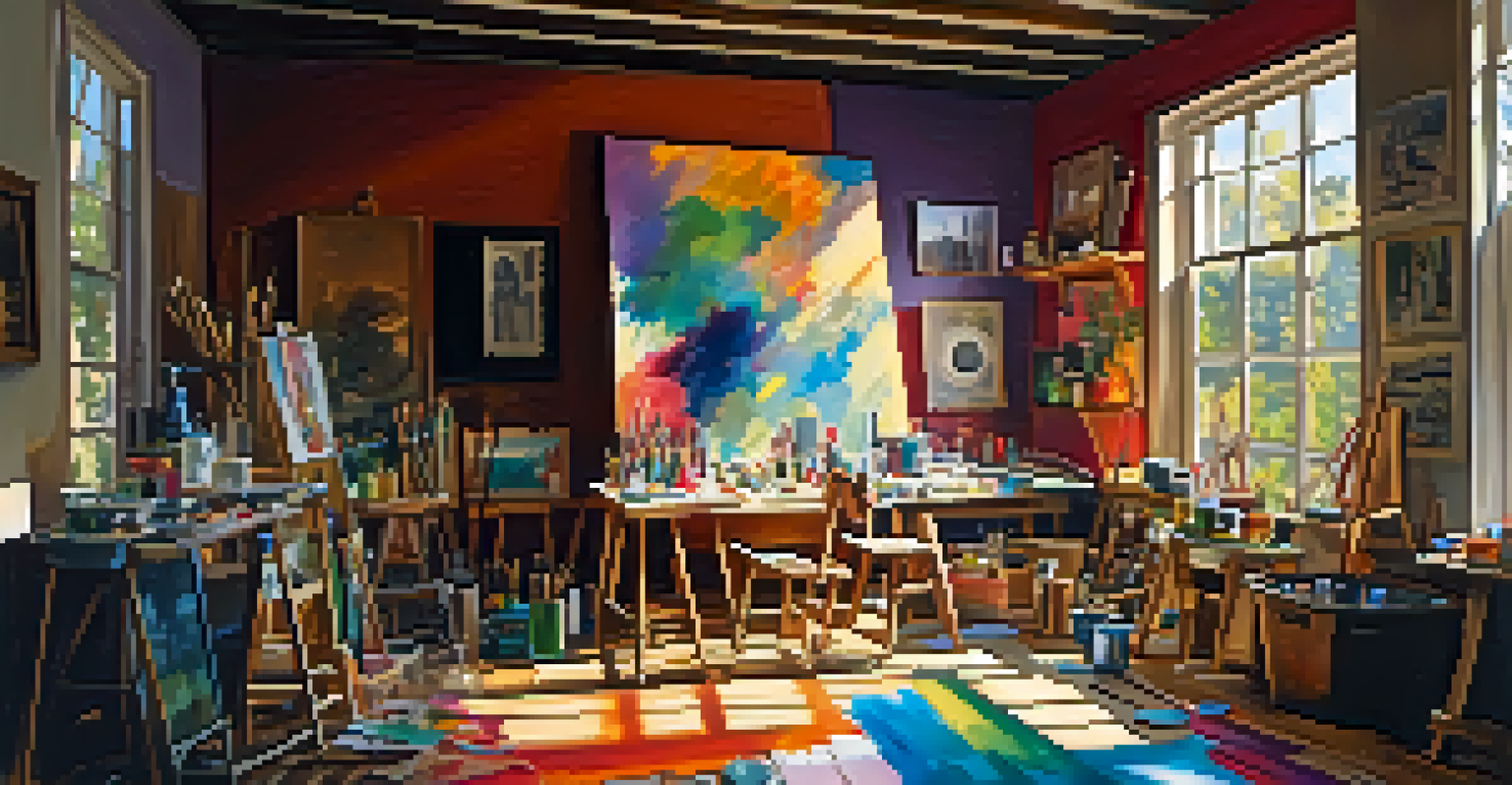 A colorful artist's studio with canvases, paint splatters, and brushes, illuminated by sunlight.