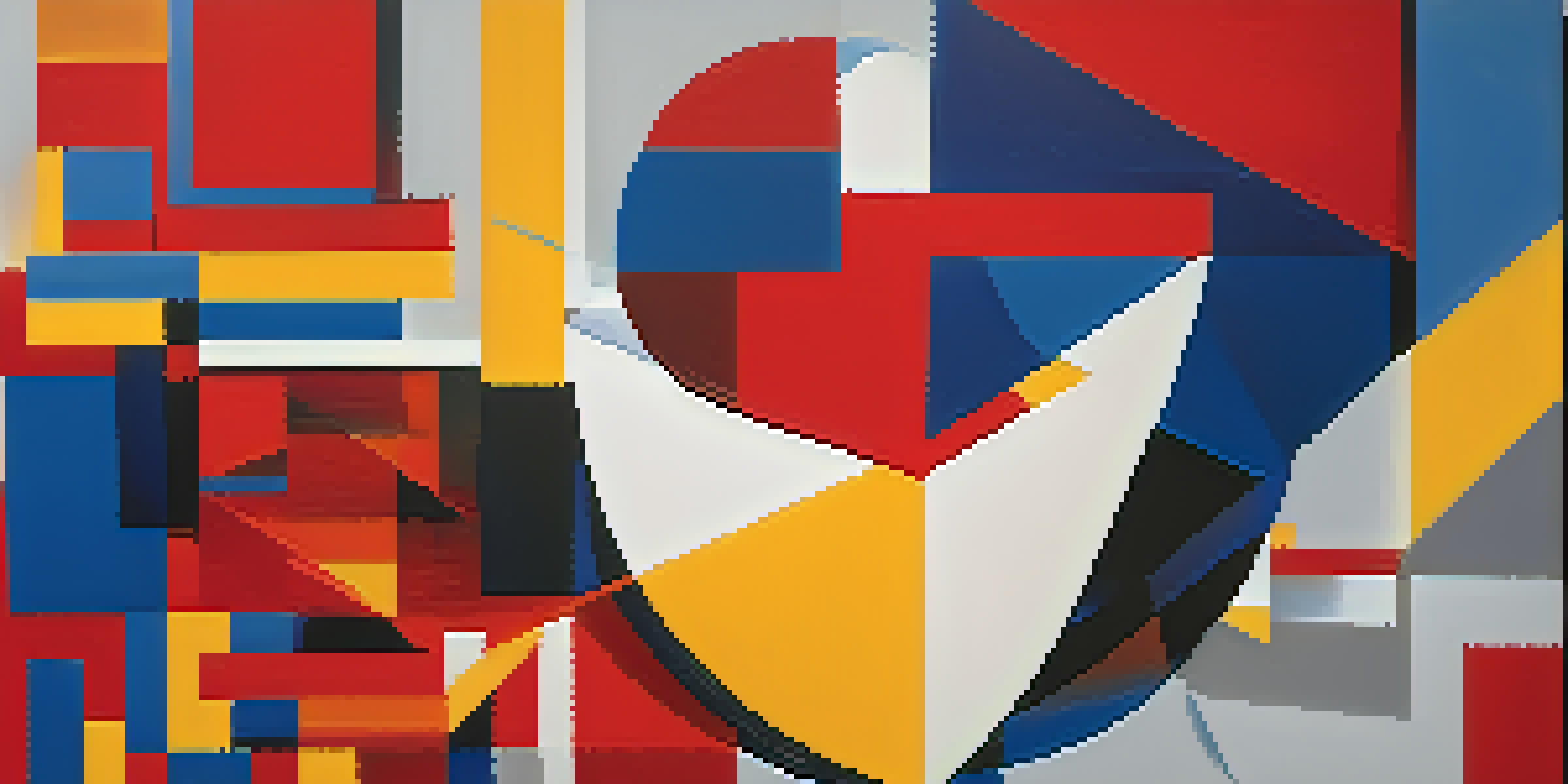 An abstract composition with geometric shapes in bold colors, textured background conveying depth and movement.