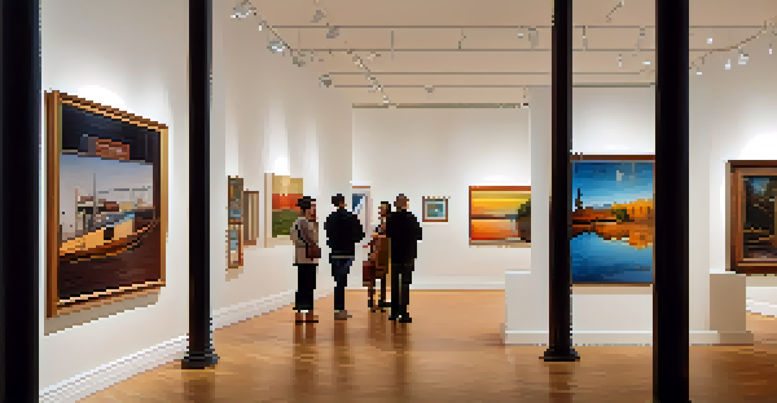 An art gallery with visitors viewing diverse artworks displayed on white walls under soft lighting.