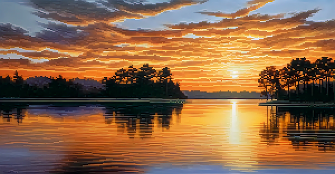 A colorful sunset reflecting on a calm lake with silhouetted trees in the foreground.