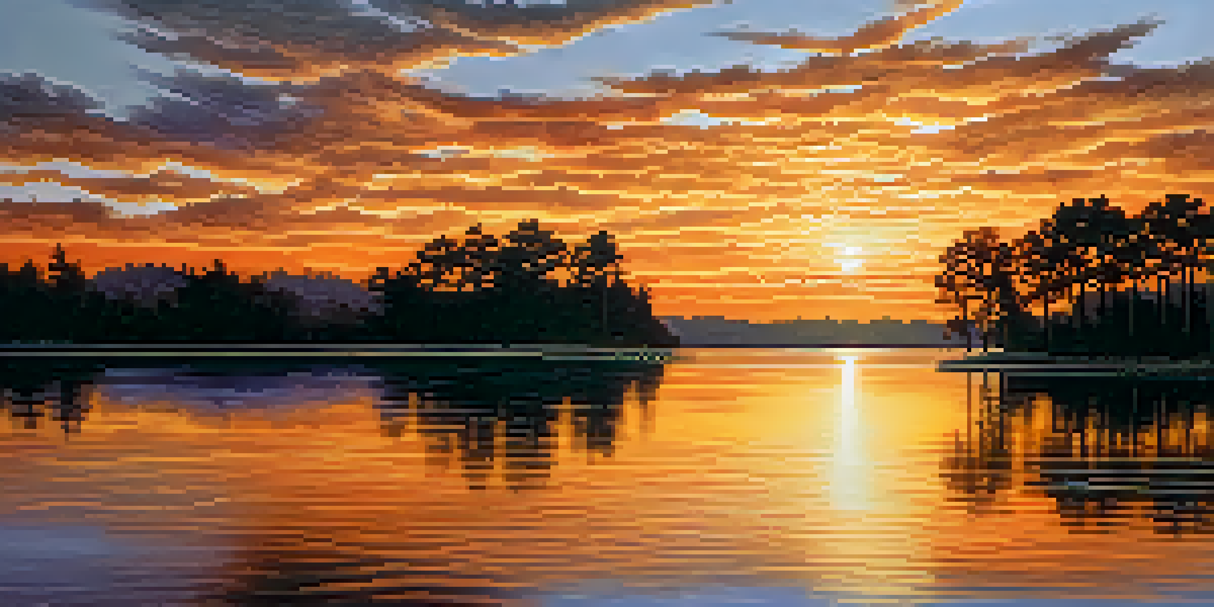 A colorful sunset reflecting on a calm lake with silhouetted trees in the foreground.