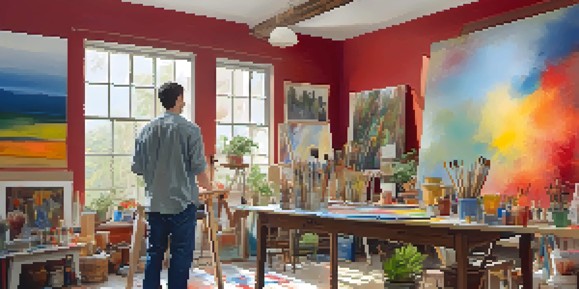 A bright art studio with a painter working on a colorful landscape canvas, surrounded by brushes and plants.