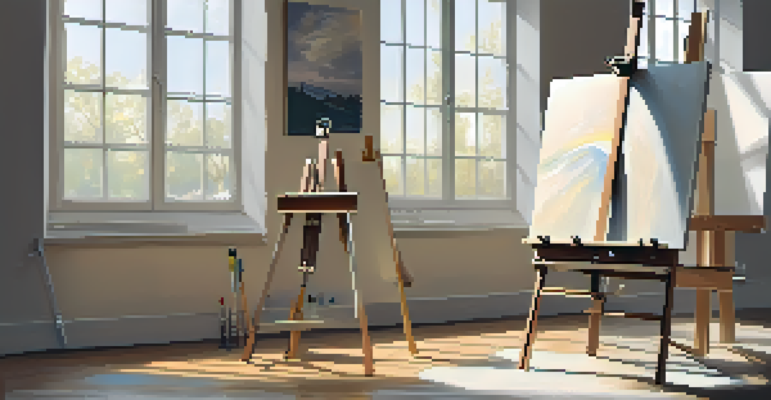 An unfinished canvas on an easel in a bright studio, showcasing visible brush strokes and sketches, surrounded by art supplies.