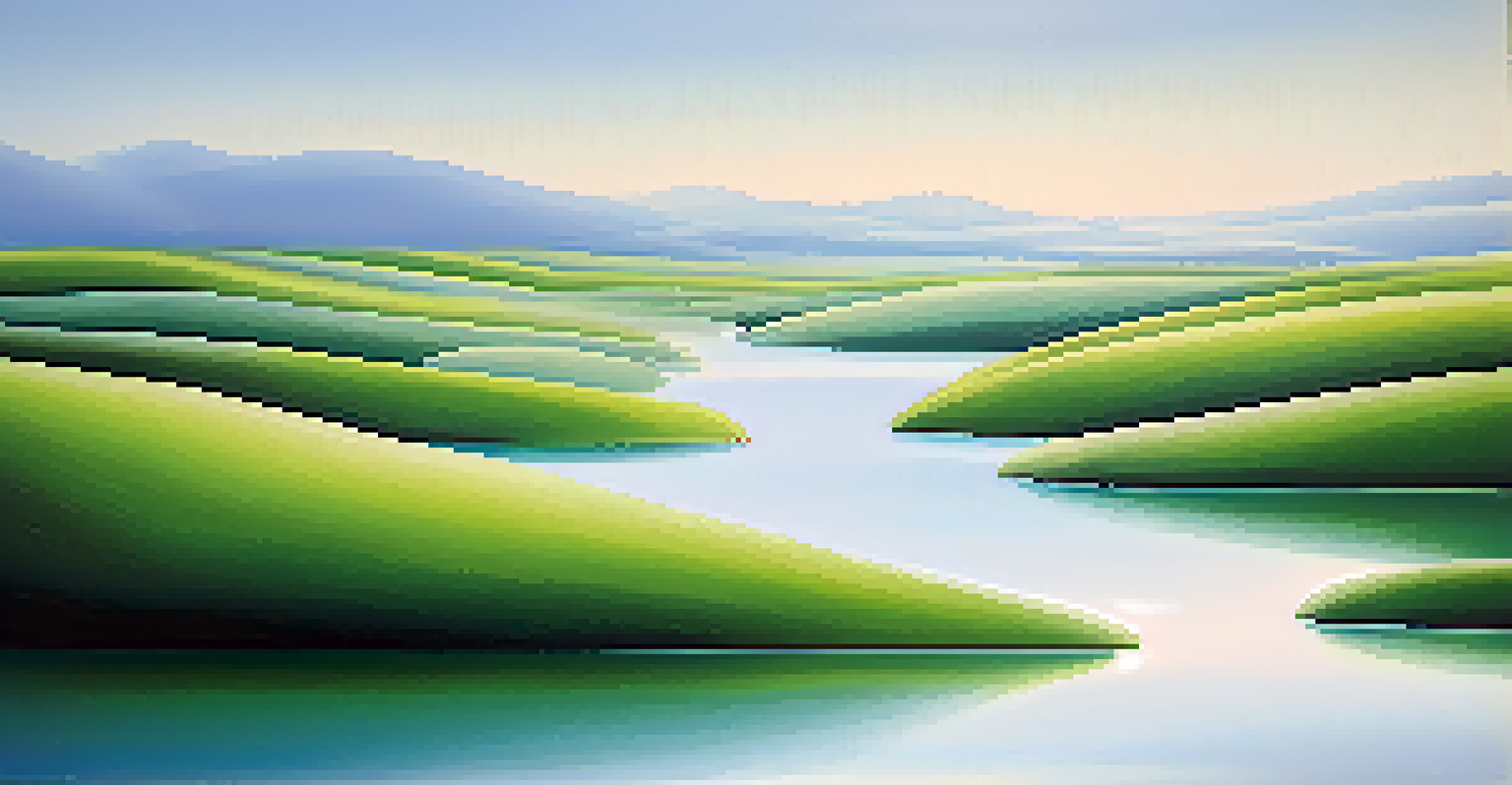 An abstract landscape in cool colors like blue and green, featuring flowing forms that evoke tranquility and calmness.