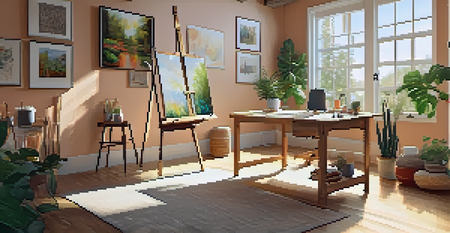 A spacious creative space with an easel, art supplies on a table, and sunlight coming through an open window, decorated with plants.