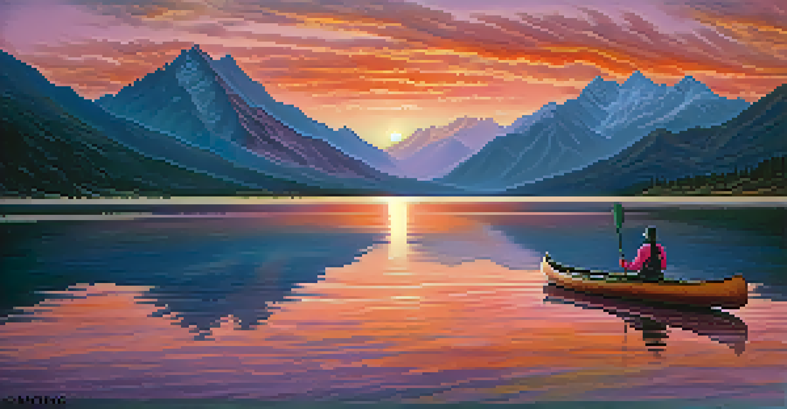 Majestic mountains at sunset reflected in a calm lake with a canoe gently floating on the water.