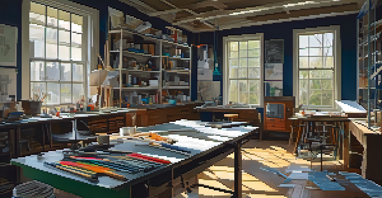 An artist's workspace showcasing tools and materials of the Constructivist movement, with blueprints and paint splashes.