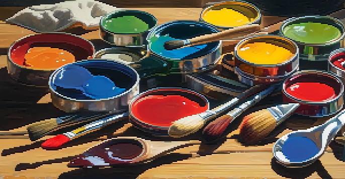 An artist's palette with various vibrant colors on a wooden table, illuminated by soft sunlight, accompanied by paintbrushes.