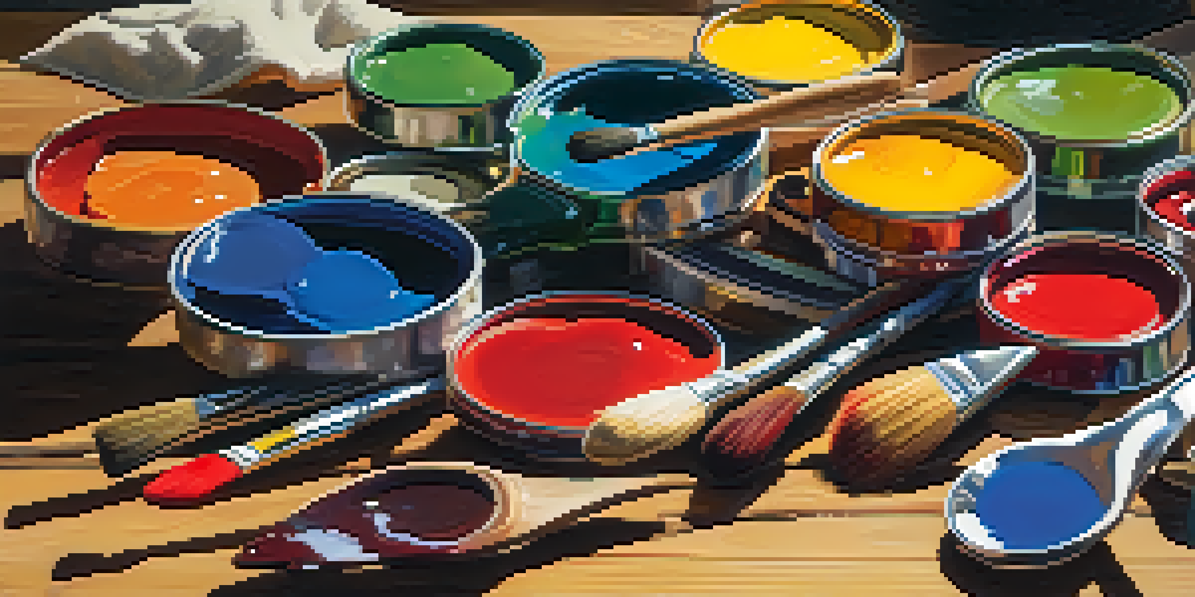 An artist's palette with various vibrant colors on a wooden table, illuminated by soft sunlight, accompanied by paintbrushes.